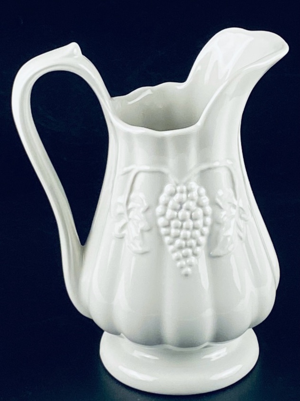 White Embossed Grape Footed Ceramic Pitcher By Red-Cliff Ironstone